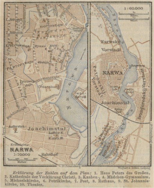 On the detailed map (left) are the two forts indicated: on the left bank of the Narva Ordensburg and just opposite on the right bank Ivangorod castle. The Ordensburg or Hermann Castle, Narva Castle (Estonian: Hermanni linnus), is founded in 1256 by the Danes and from August 29, 1346 it was the castle of the German Livonian Teutonic Knights Order. The castle on the other side, Ivangorod Castle is build by the Russians in 1492.